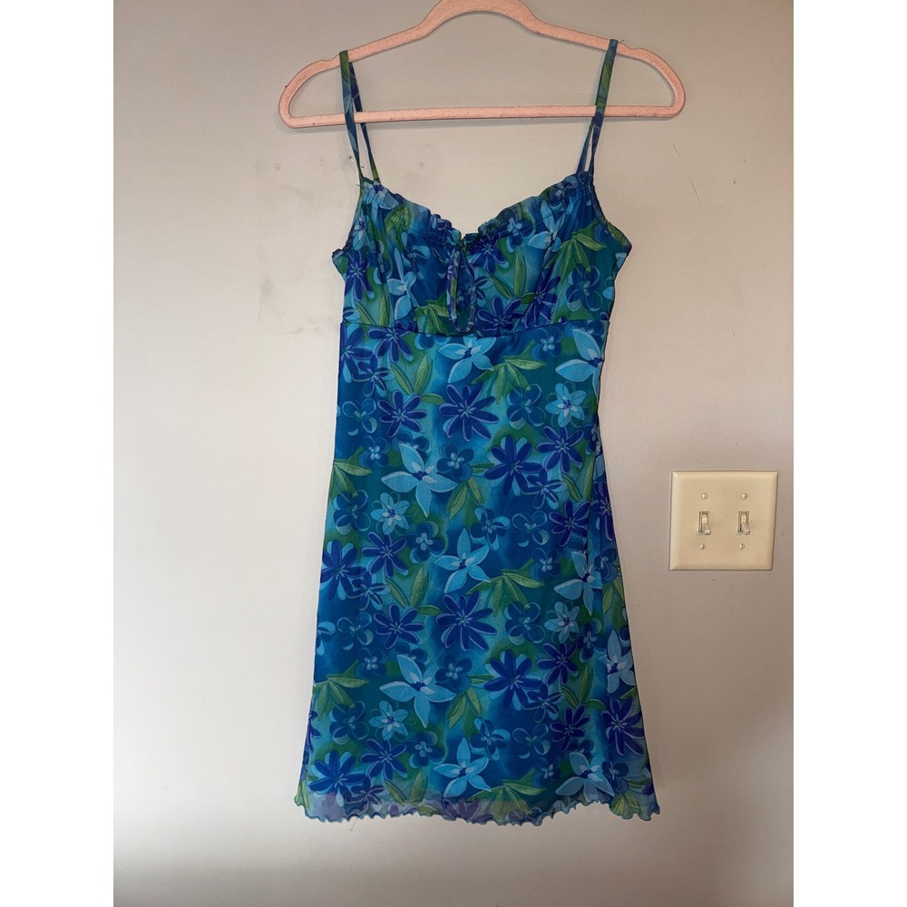Y2K California Concepts Blue Floral Mesh Mini Dress Milkmaid Ruffle Hem Small